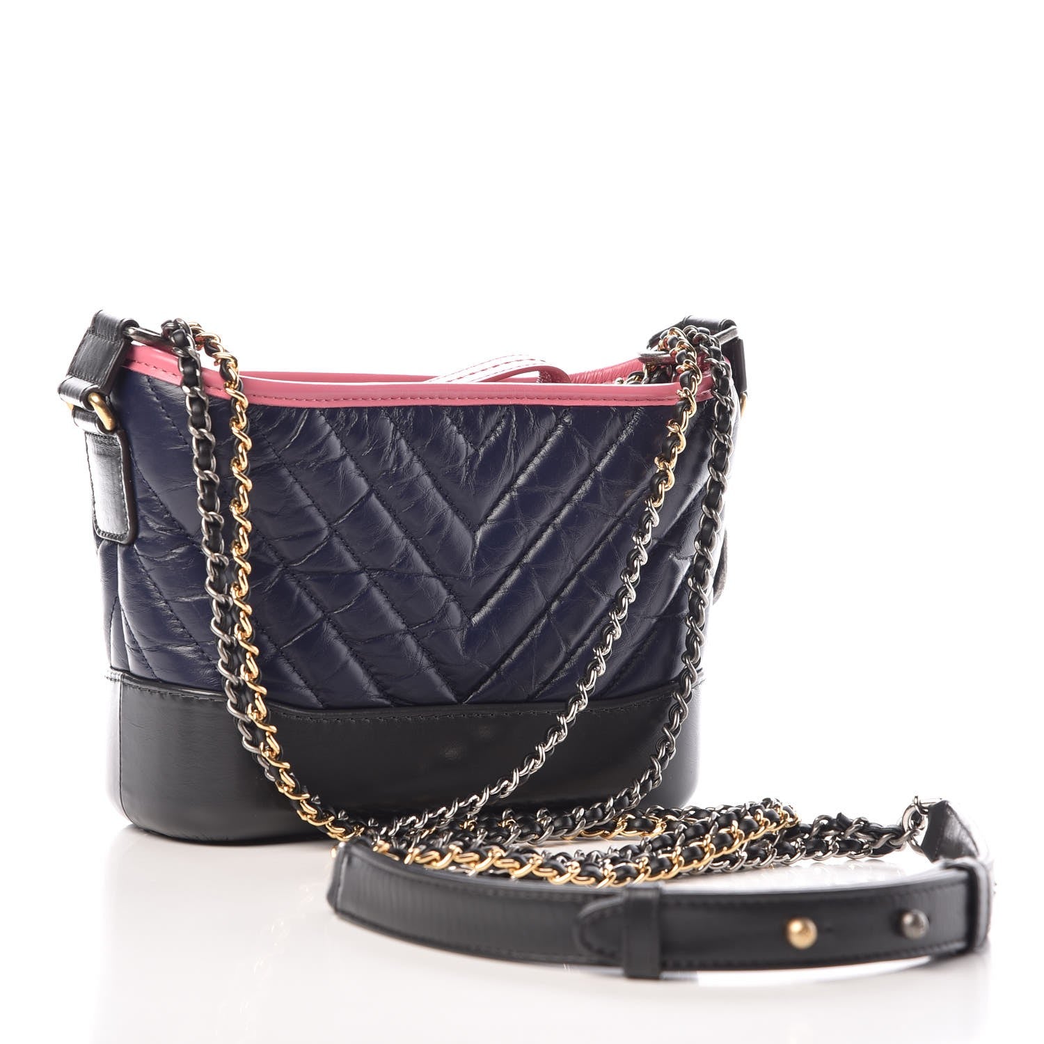 Chanel Aged Calfskin Chevron Quilted Small Gabrielle Hobo Dark Pink Navy 3 of 9
