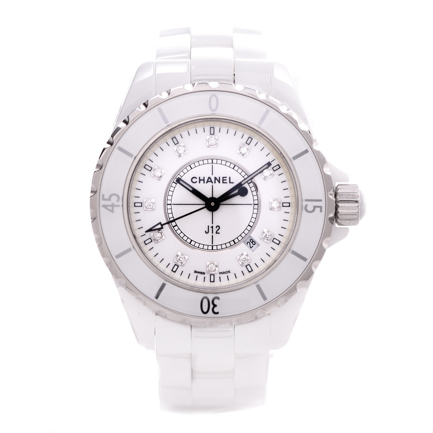 Chanel Stainless Steel Ceramic Diamond 33mm J12 Quartz Watch White 7 of 12