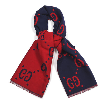 Gucci Wool Silk Monogram Jumbo GG Freedom Scarf Midnight Blue Red 1 of 3