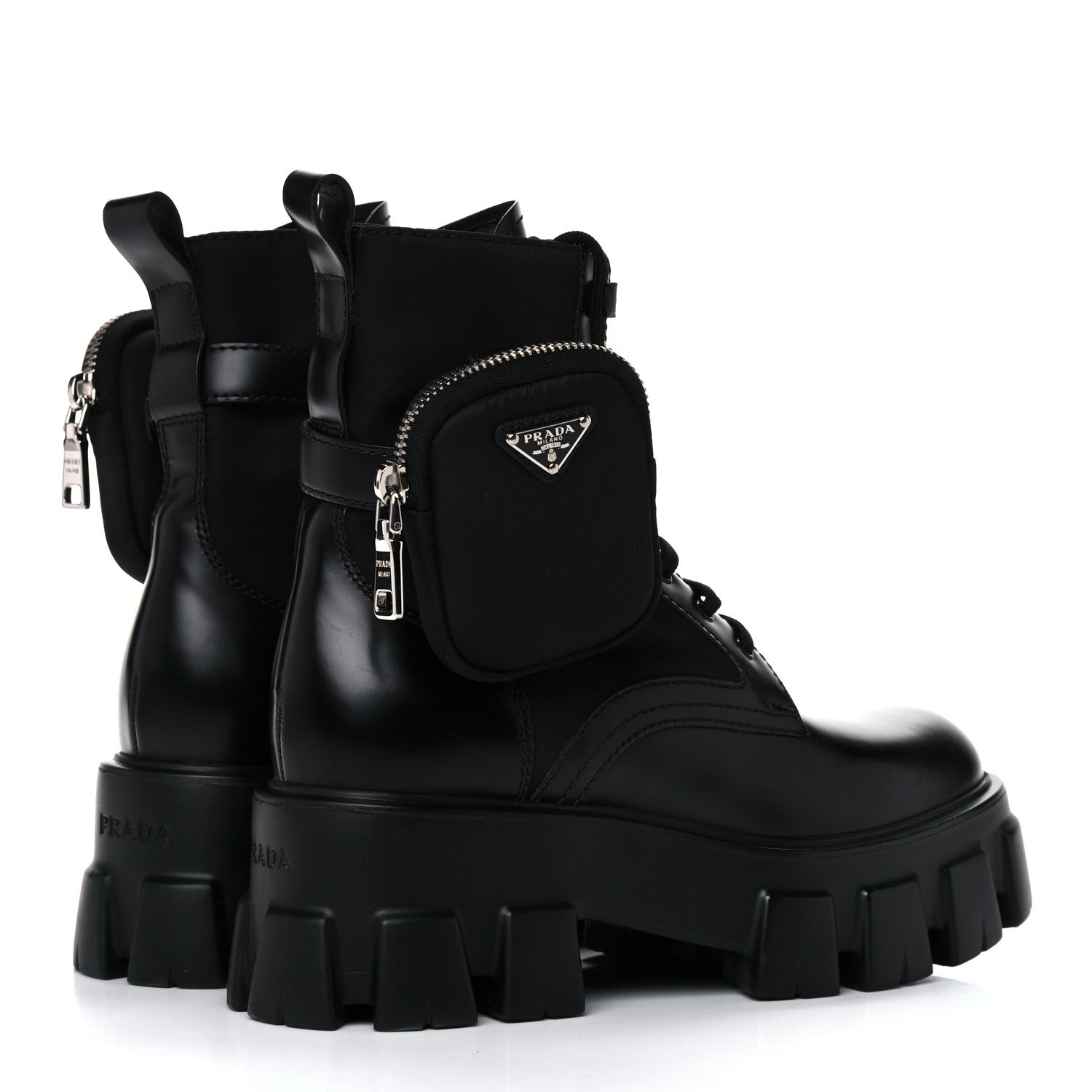 Prada Spazzolato Rois Nylon Metal Triangle Logo Monolith Pouch Pocket 55mm Boots 37 Black 4 of 16