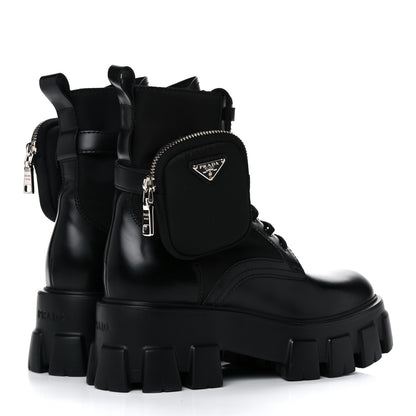 Prada Spazzolato Rois Nylon Metal Triangle Logo Monolith Pouch Pocket 55mm Boots 37 Black 4 of 16