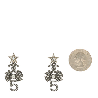 Chanel Crystal CC 5 Bow Pearl Drop Earrings Silver Pearly White 2 of 5