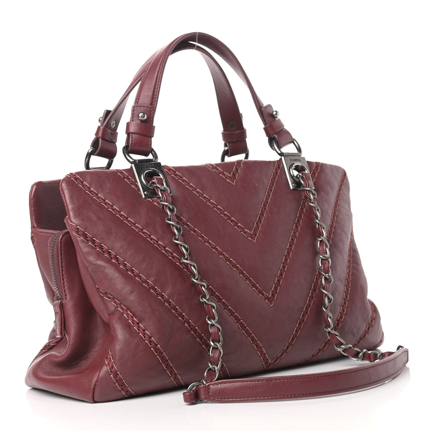 Chanel Calfskin Chevron Stitched Shopping Bag Dark Red 3 of 9
