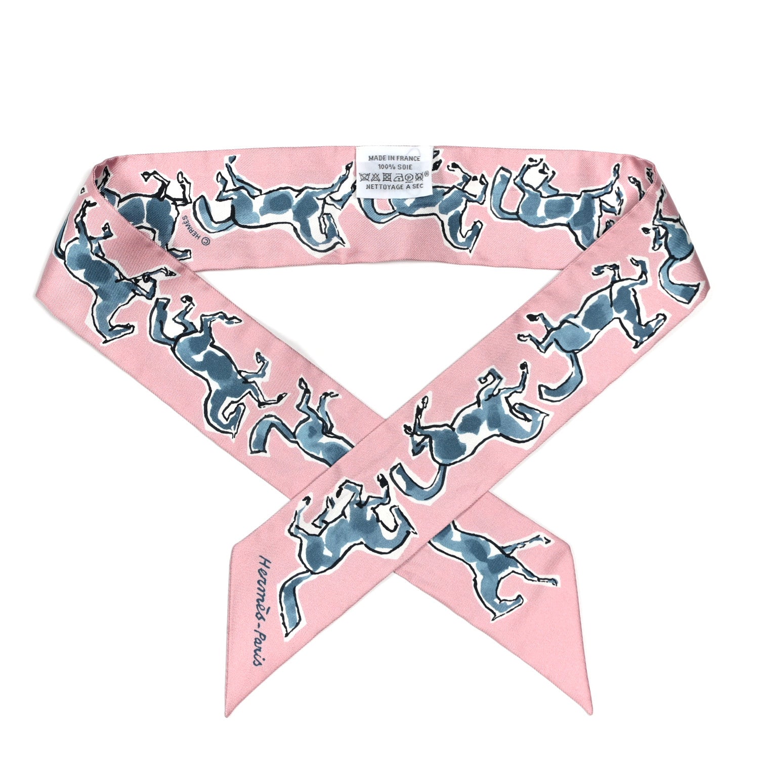 Hermes Silk Chevaux En Liberte Twilly Vieux Rose Bleu 1 of 4