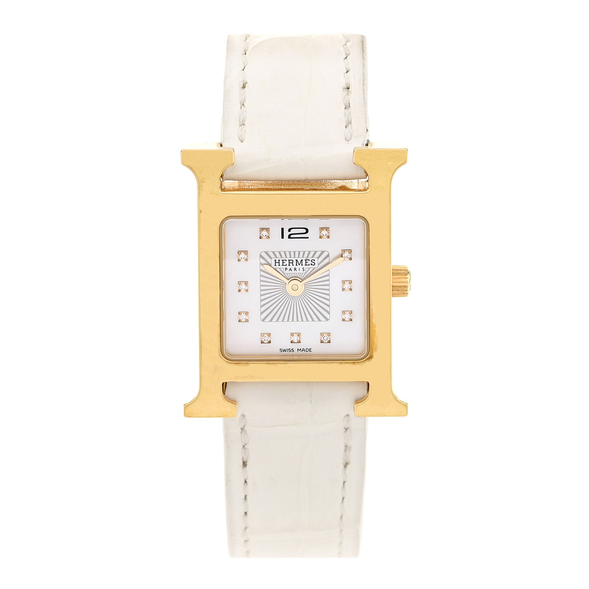 Hermes Stainless Steel Alligator Diamond Mother of Pearl 21mm Heure H Hour Quartz Watch Blanc 1 of 5