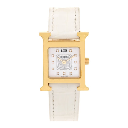 Hermes Stainless Steel Alligator Diamond Mother of Pearl 21mm Heure H Hour Quartz Watch Blanc 1 of 5