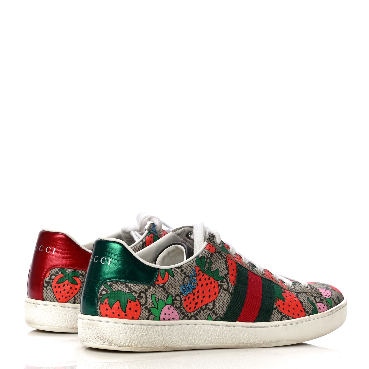 Gucci GG Supreme Monogram Strawberry Web Womens Ace Sneakers 36.5 Beige Multicolor Red Green 4 of 13
