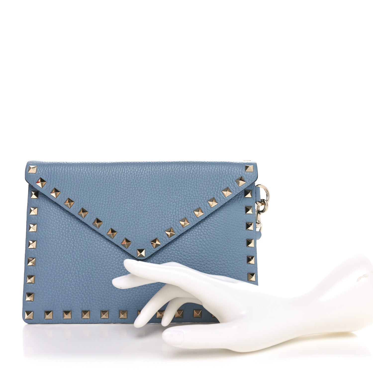 Valentino Garavani Pebbled Calfskin Medium Rockstud Envelope Flat Wristlet Pouch Atlantique 2 of 8