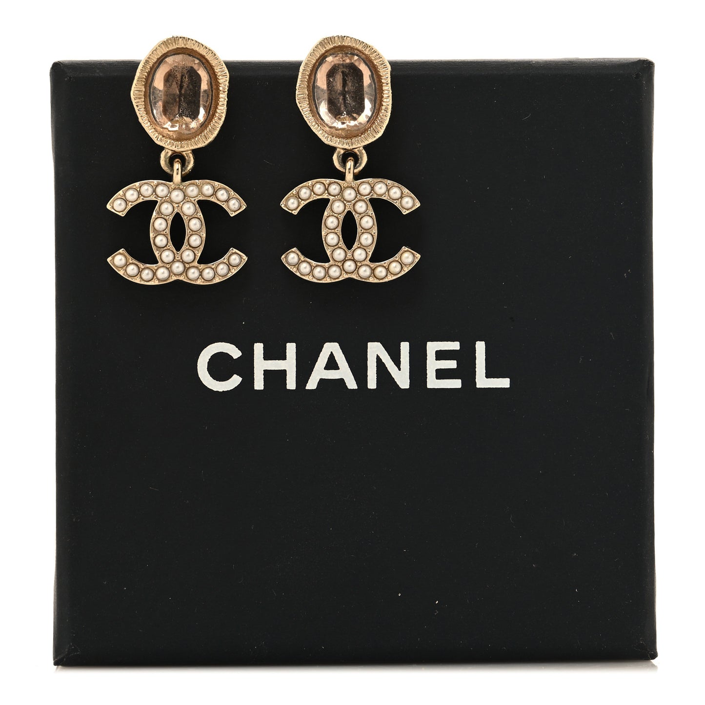 Crystal Pearl CC Drop Earrings Pink Gold