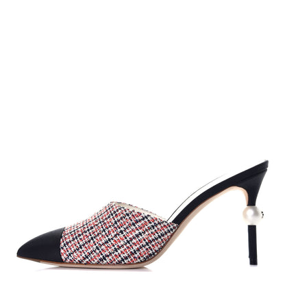 Chanel Tweed Grosgrain Pearl Cap Toe Mules 38 Black Red 1 of 11