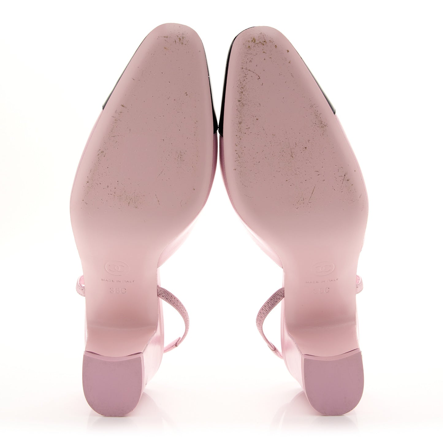 Laminated Lambskin Patent Cap Toe CC Slingback Pumps 38 Light Pink Black