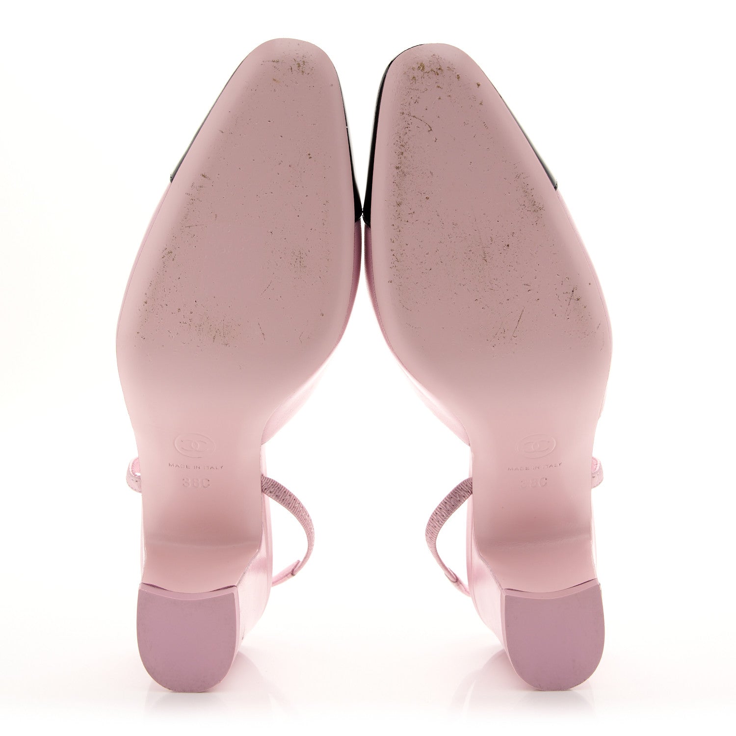 Chanel Laminated Lambskin Patent Cap Toe CC Slingback Pumps 38 Light Pink Black 6 of 9