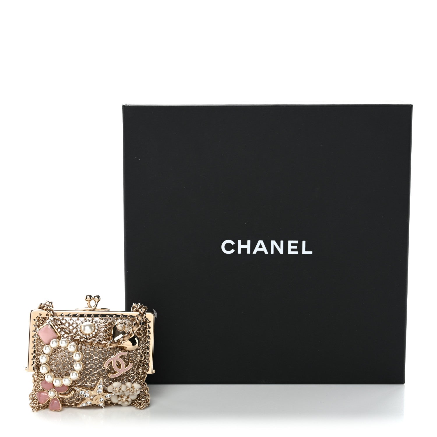 Chanel Metal Pearl Enamel Kiss Lock Chain Mail Charm Clutch Gold