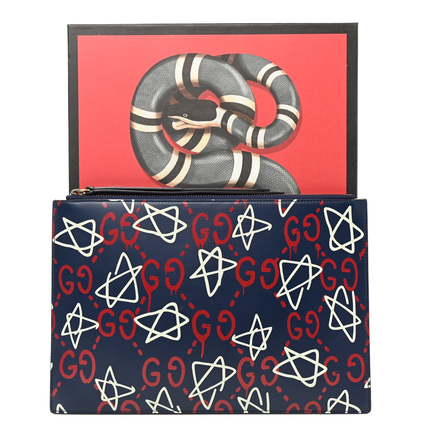 Calfskin GucciGhost Print Pouch Blue Agata Hibiscus Red