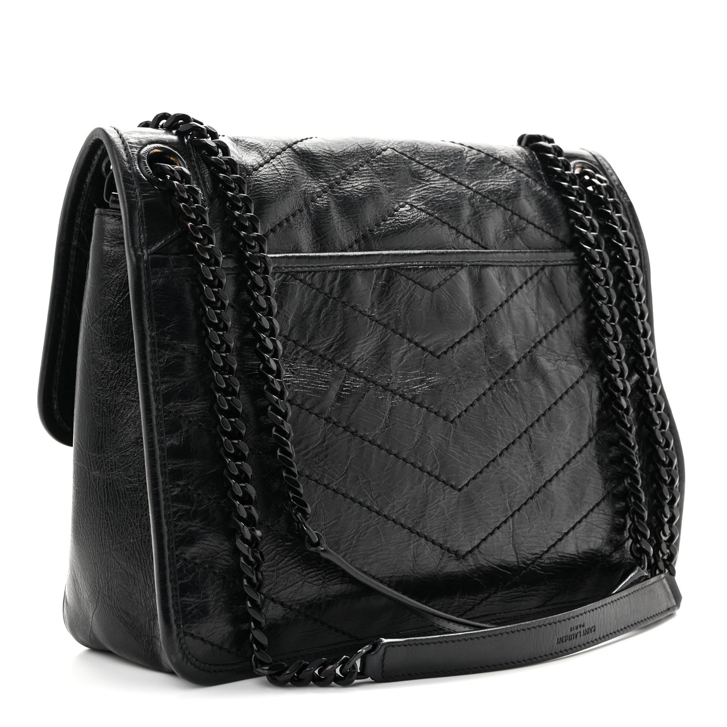 Crinkled Calfskin Matelasse Monogram Medium Niki Chain Satchel Black