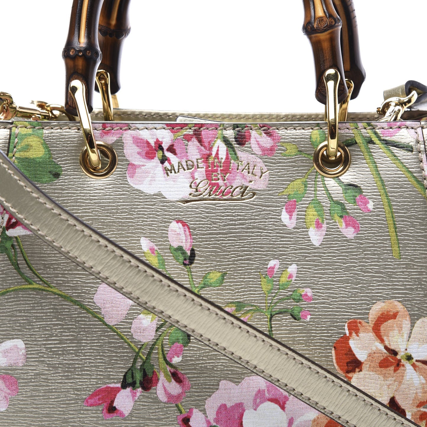 Metallic Shangai Calfskin Blooms Print Mini Bamboo Shopper Tote Gold Multicolor