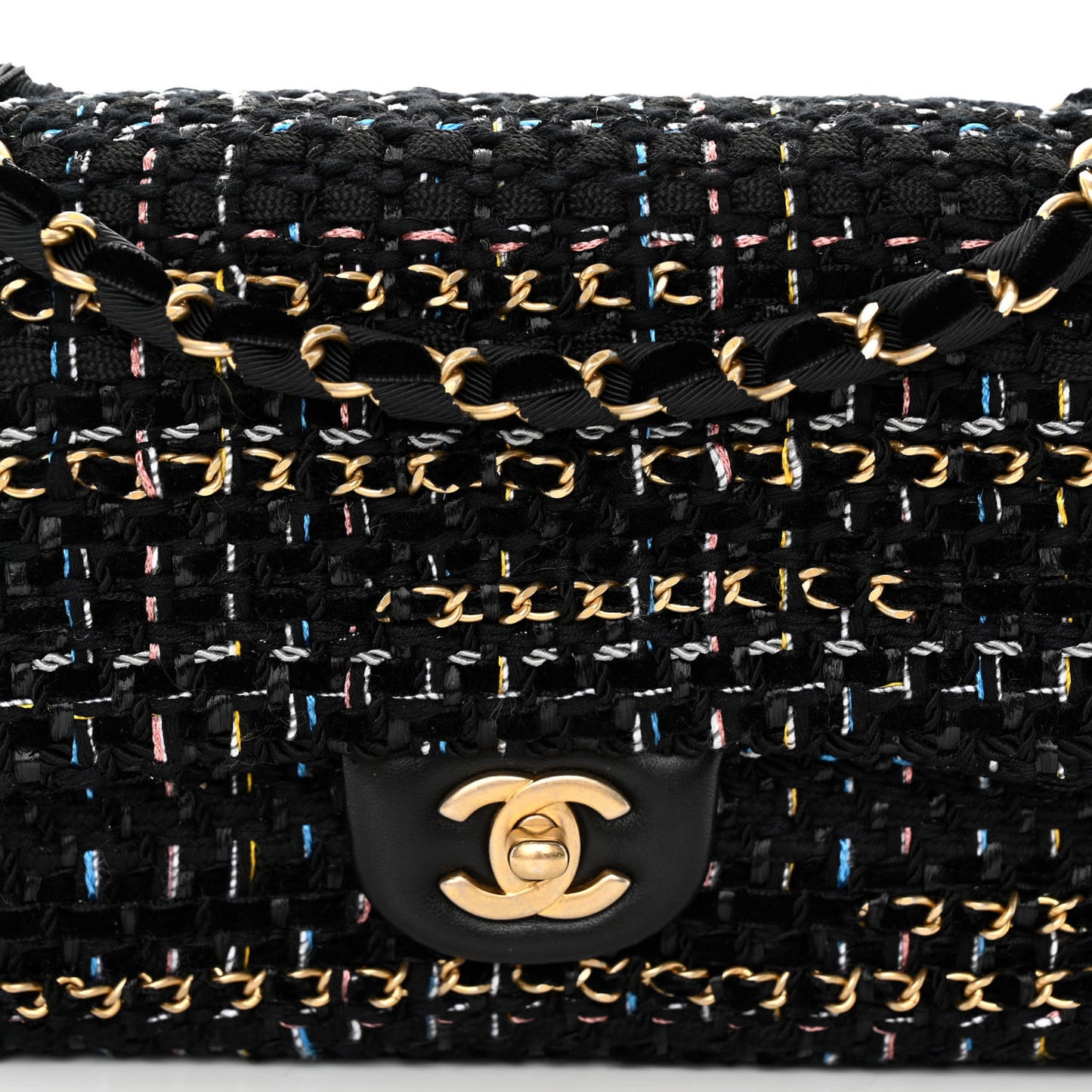Cotton Raffia Lambskin Woven Medium Single Flap Black