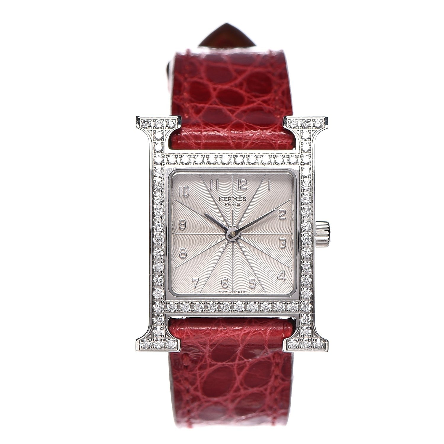 Hermes Stainless Steel Alligator Diamond Bezel 21mm Heure H Hour Quartz Watch Braise 1 of 9