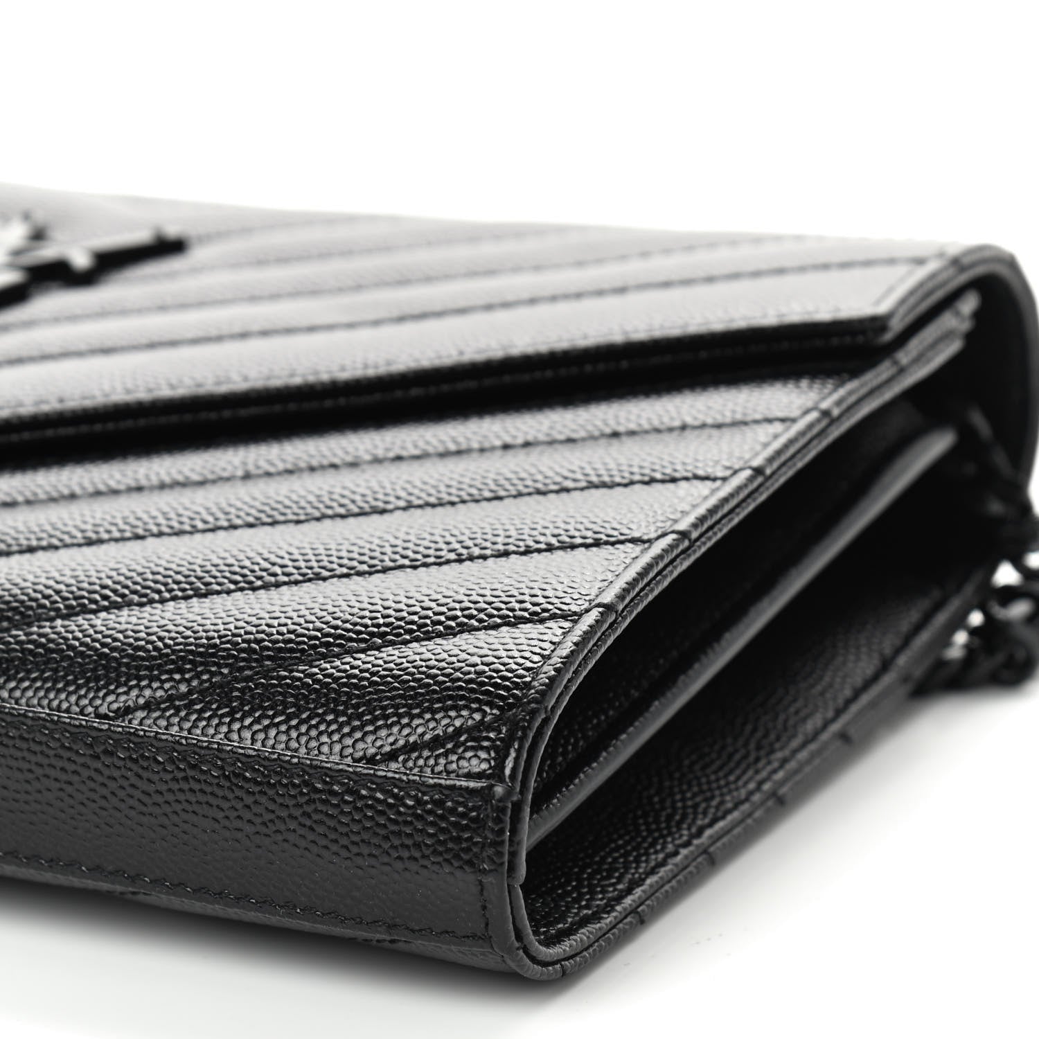 Saint Laurent Grain De Poudre Matelasse Chevron Monogram Chain Wallet Black 7 of 8