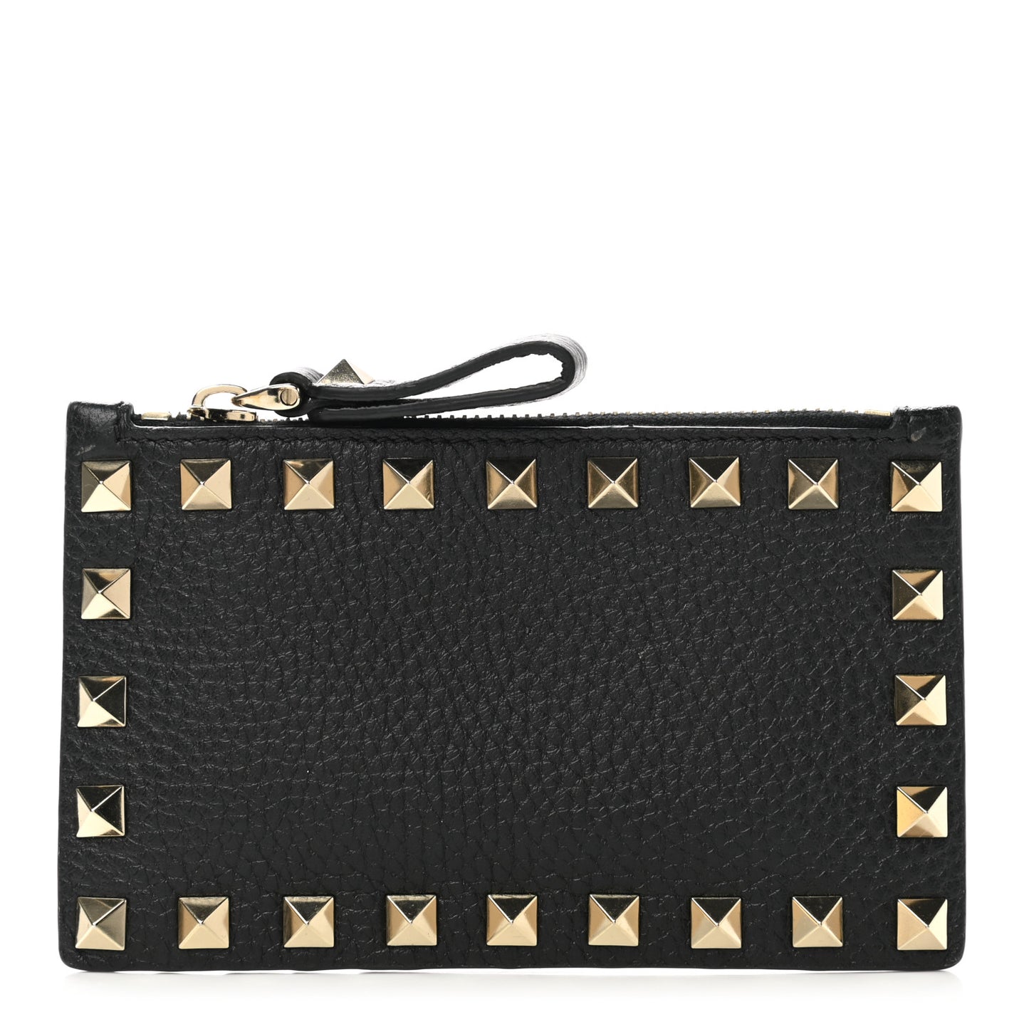 Pebbled Calfskin Rockstud Coin Case Card Holder Black