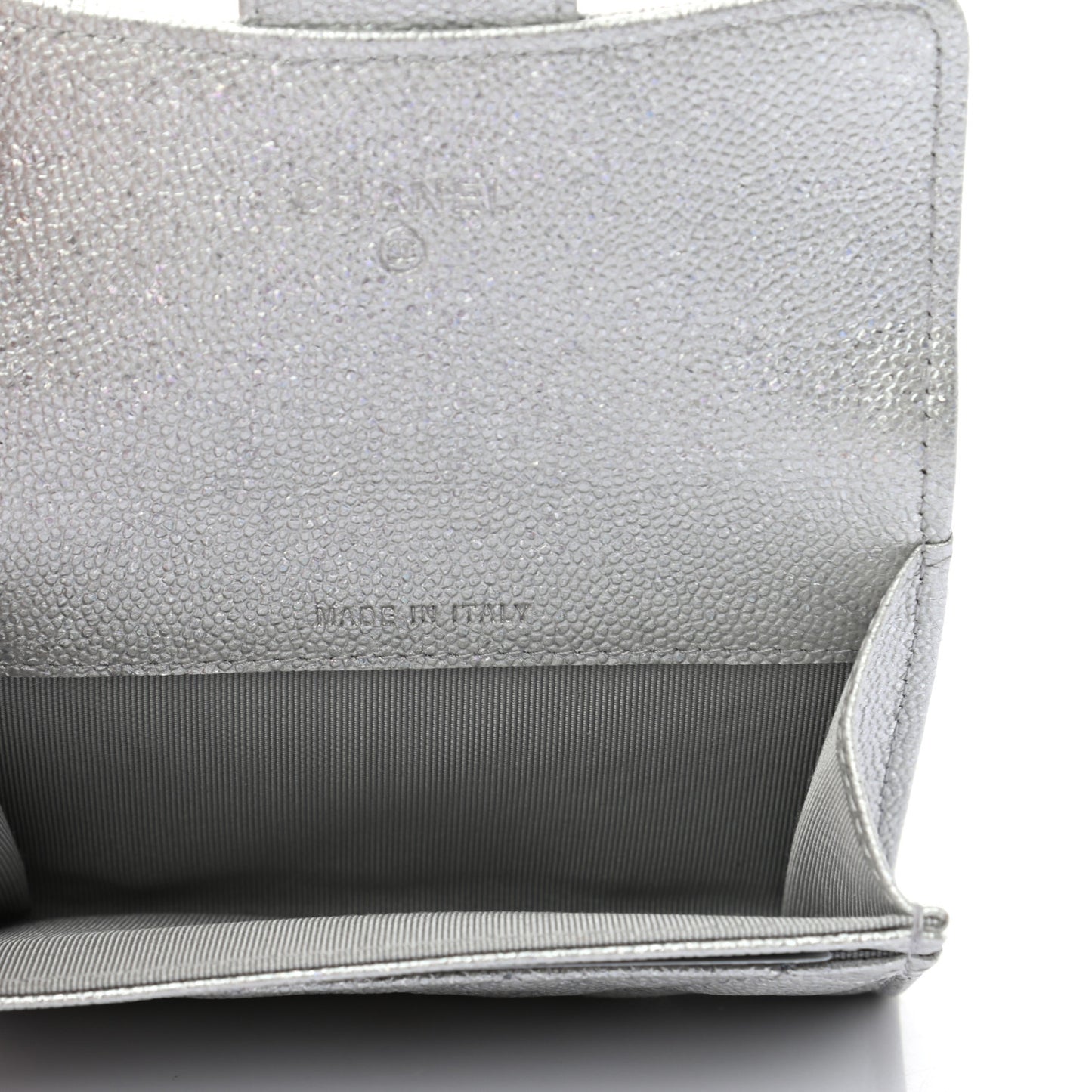 Glittered Metallic Caviar Quilted Flap Card Holder Wallet Silver