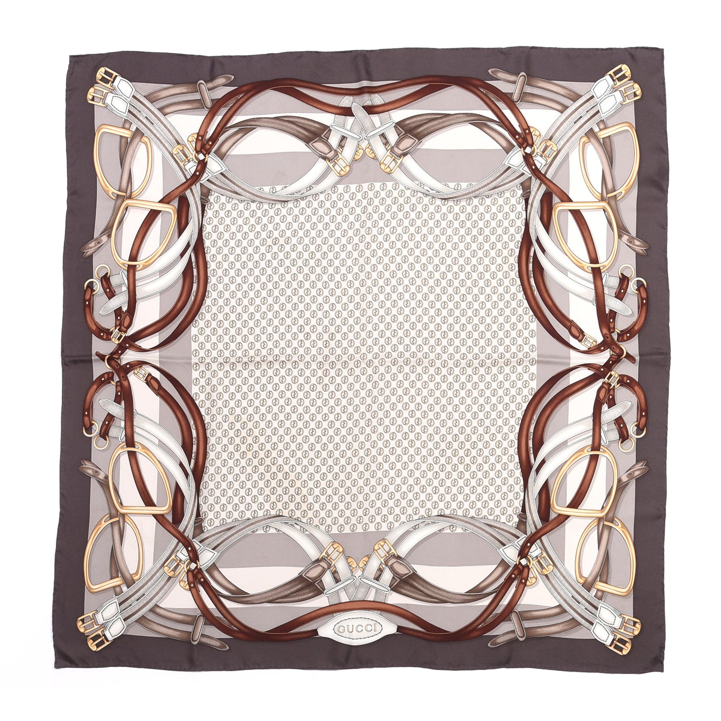 Silk Equestrian Print Square Scarf Grey White