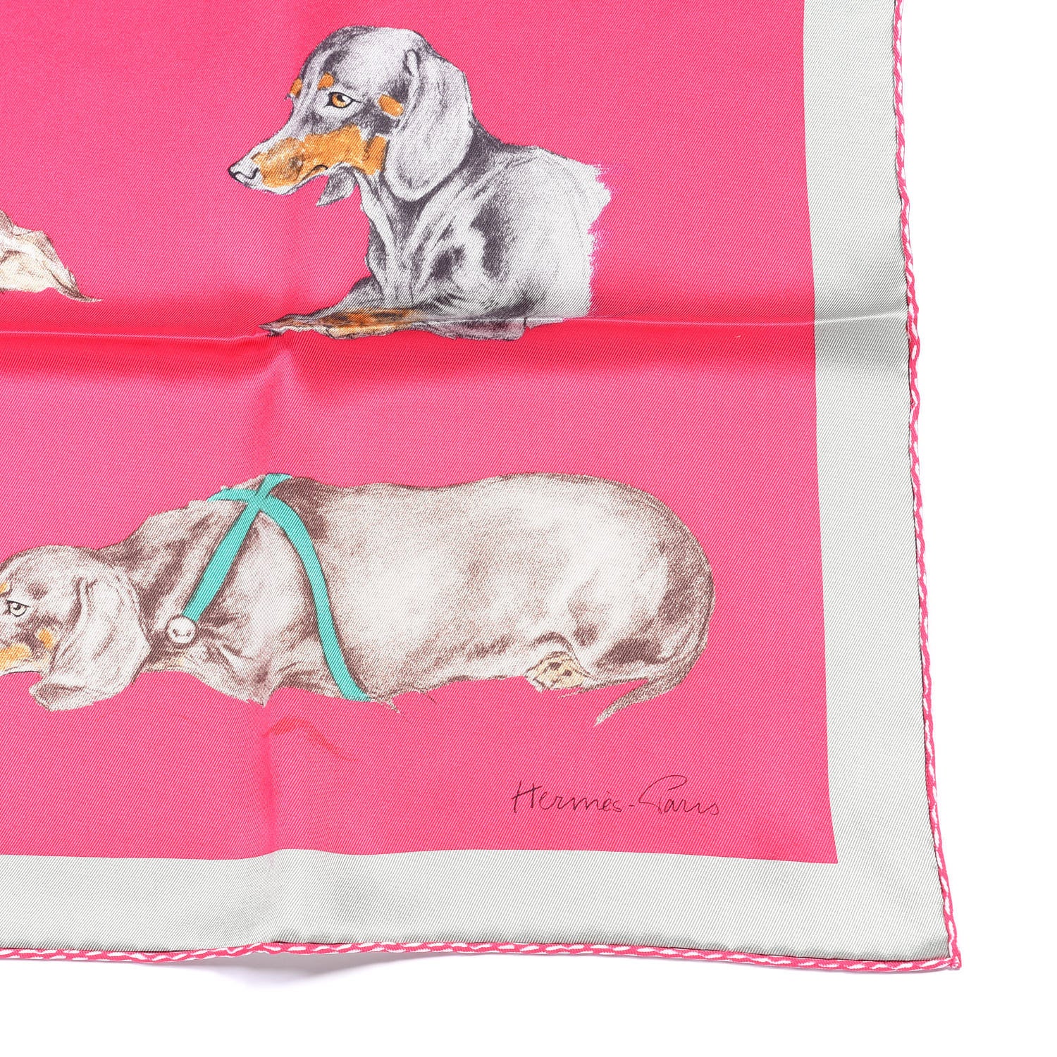 Hermes Silk Les Bassets Scarf 70 Fuchsia Etoupe Vert 2 of 4