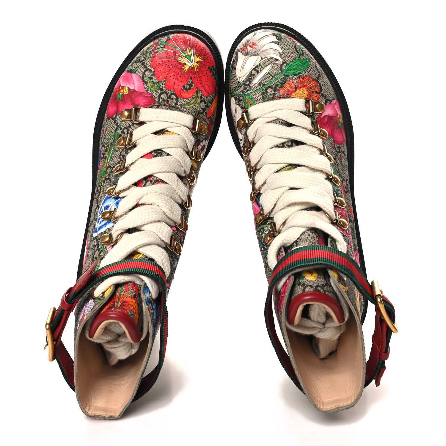 Gucci GG Supreme Monogram Flora Lace Up Combat Ankle Boots 38 Beige Multicolor Red 2 of 8