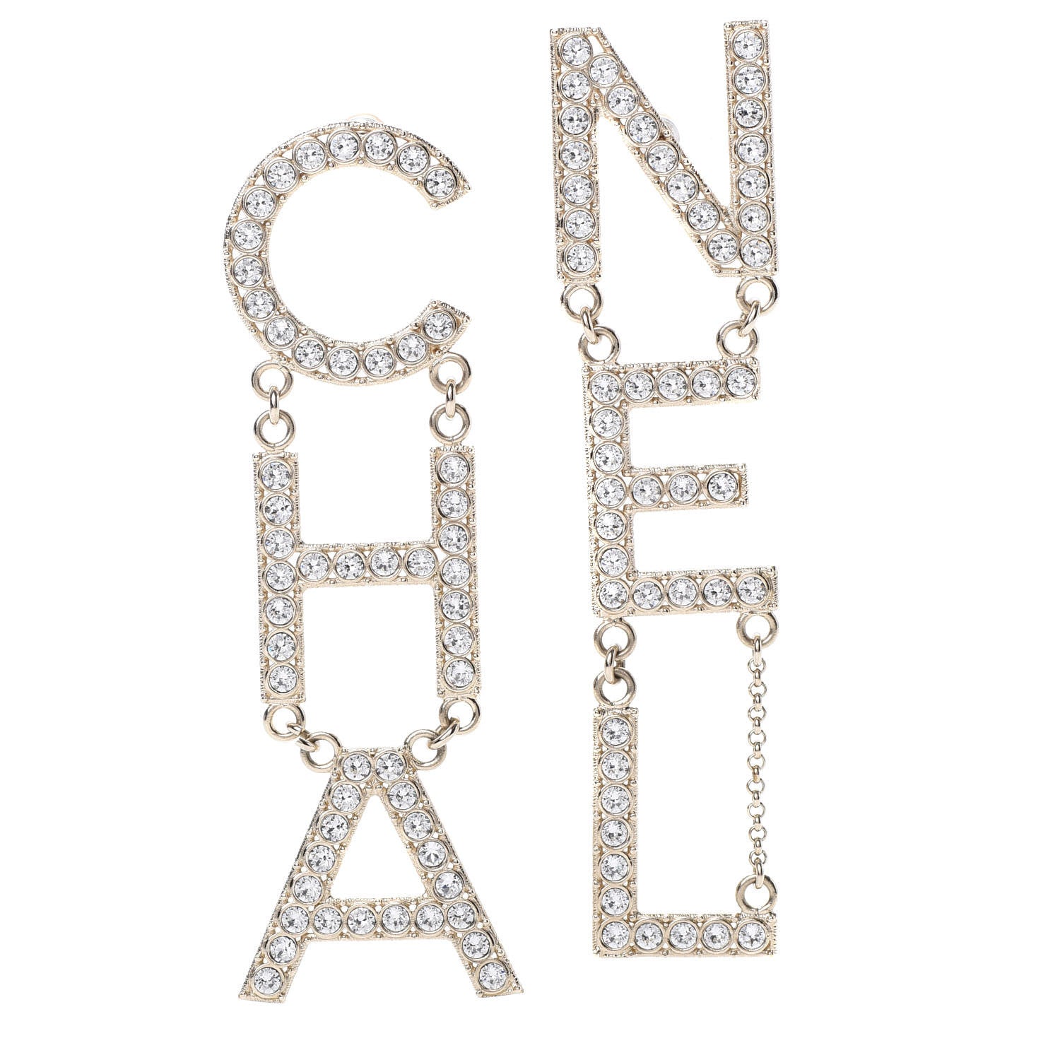 Chanel Crystal Cha-Nel Logo Drop Earrings Gold 1 of 5