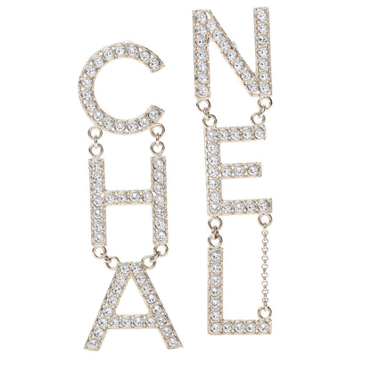 Chanel Crystal Cha-Nel Logo Drop Earrings Gold 1 of 5