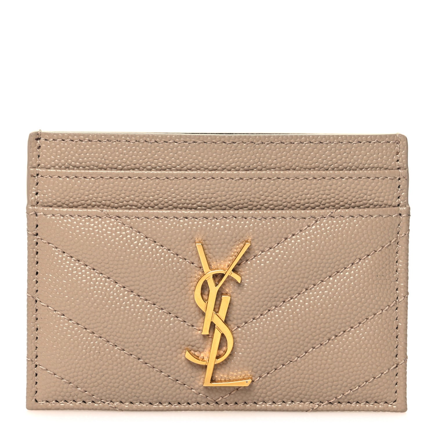 Saint Laurent Grain De Poudre Matelasse Chevron Monogram Credit Card Case Dark Beige 1 of 8