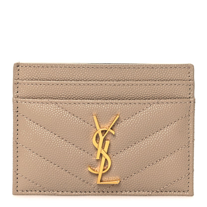 Saint Laurent Grain De Poudre Matelasse Chevron Monogram Credit Card Case Dark Beige 1 of 8