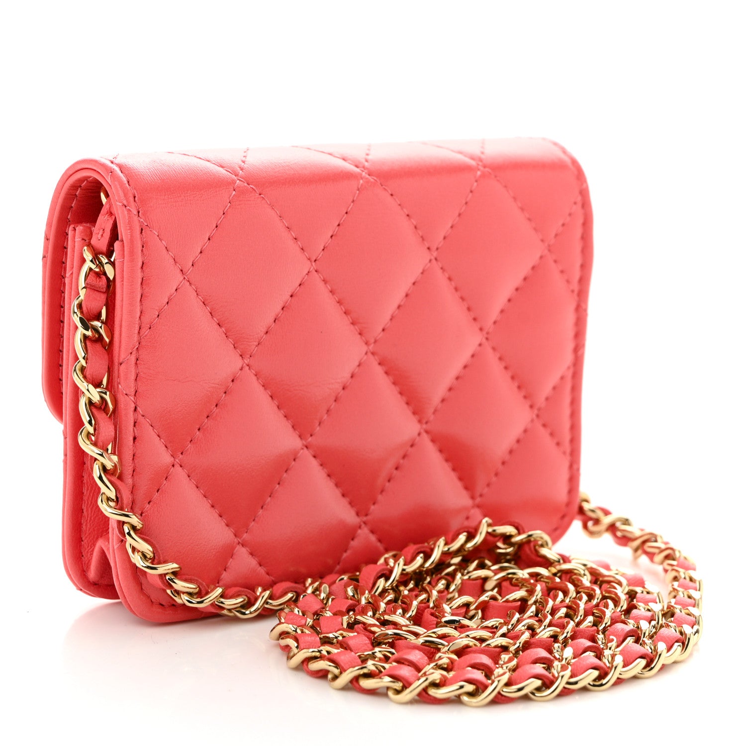 Chanel Shiny Lambskin Quilted Card Holder On Chain Pink 3 of 10