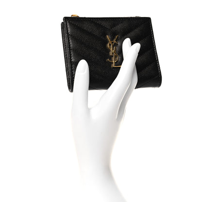Saint Laurent Grain De Poudre Matelasse Chevron Monogram Zipped Card Case Black 2 of 8