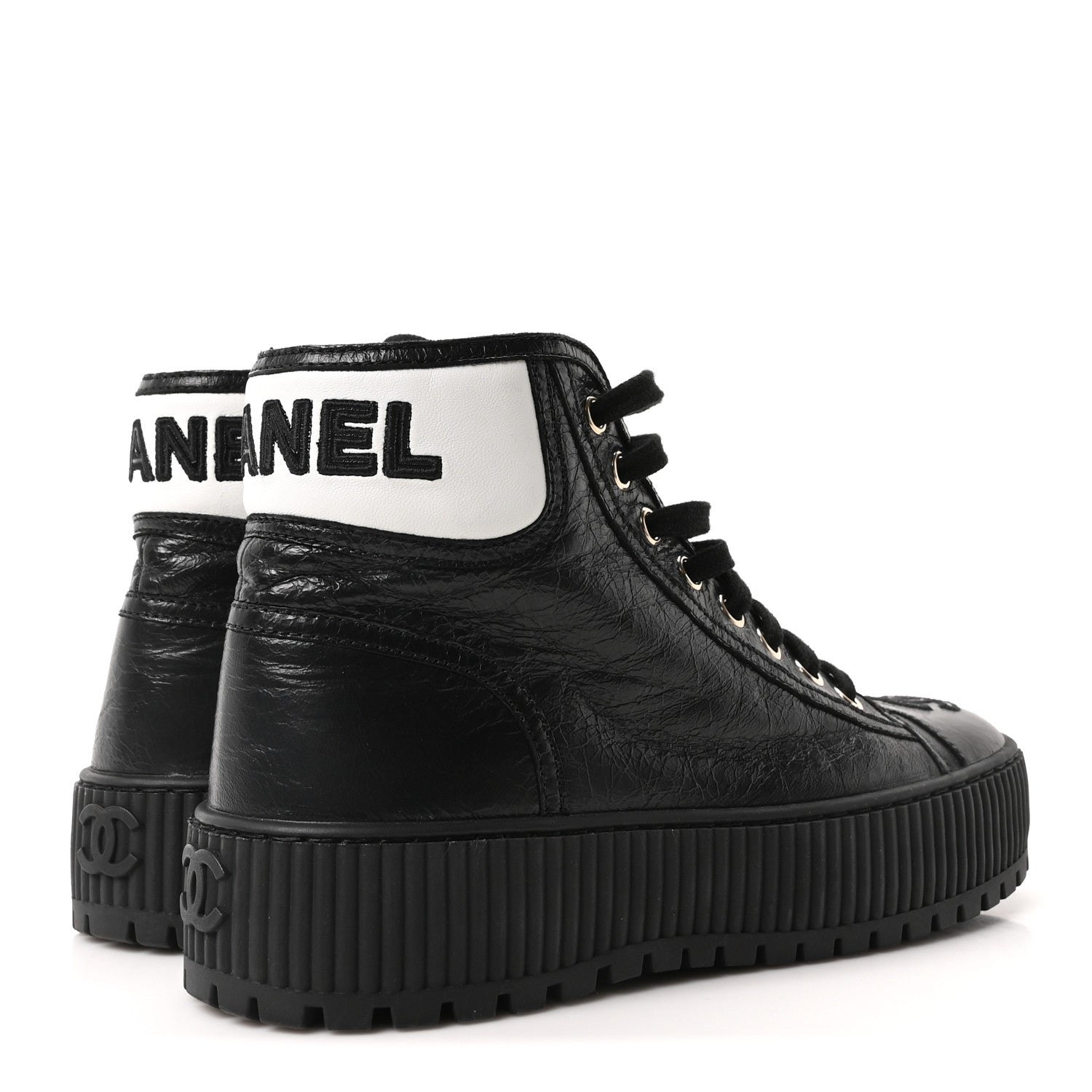 Chanel Aged Calfskin Lace Up Cap Toe Sneakers 36 Black White 5 of 9