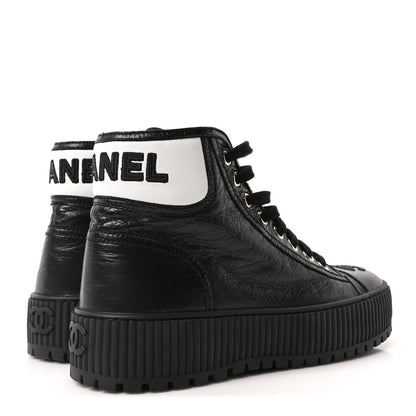 Chanel Aged Calfskin Lace Up Cap Toe Sneakers 36 Black White 5 of 9