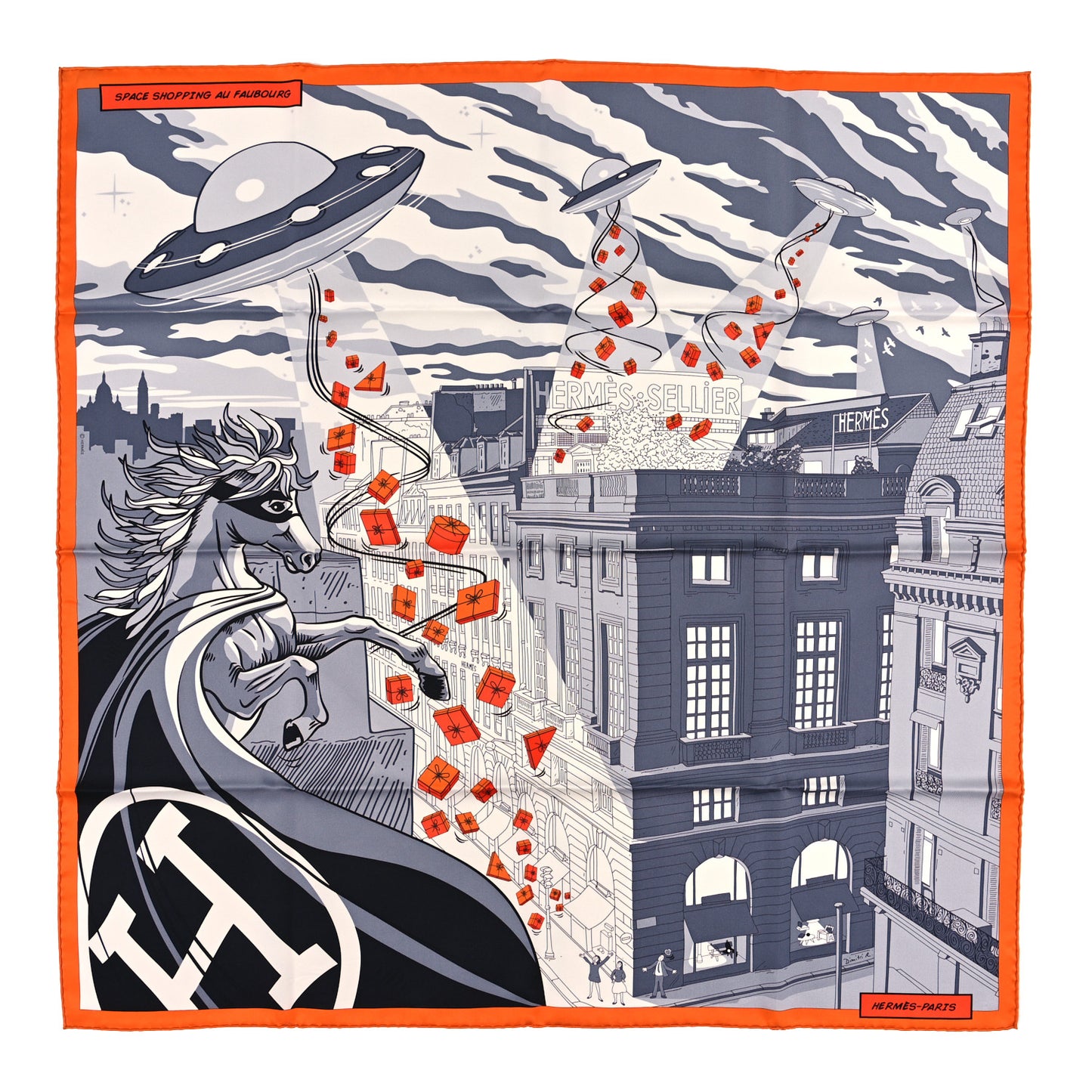 Silk Space Shopping Au Faubourg Scarf 90 Gris Black Orange