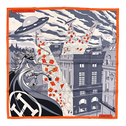 Hermes Silk Space Shopping Au Faubourg Scarf 90 Gris Black Orange 1 of 3