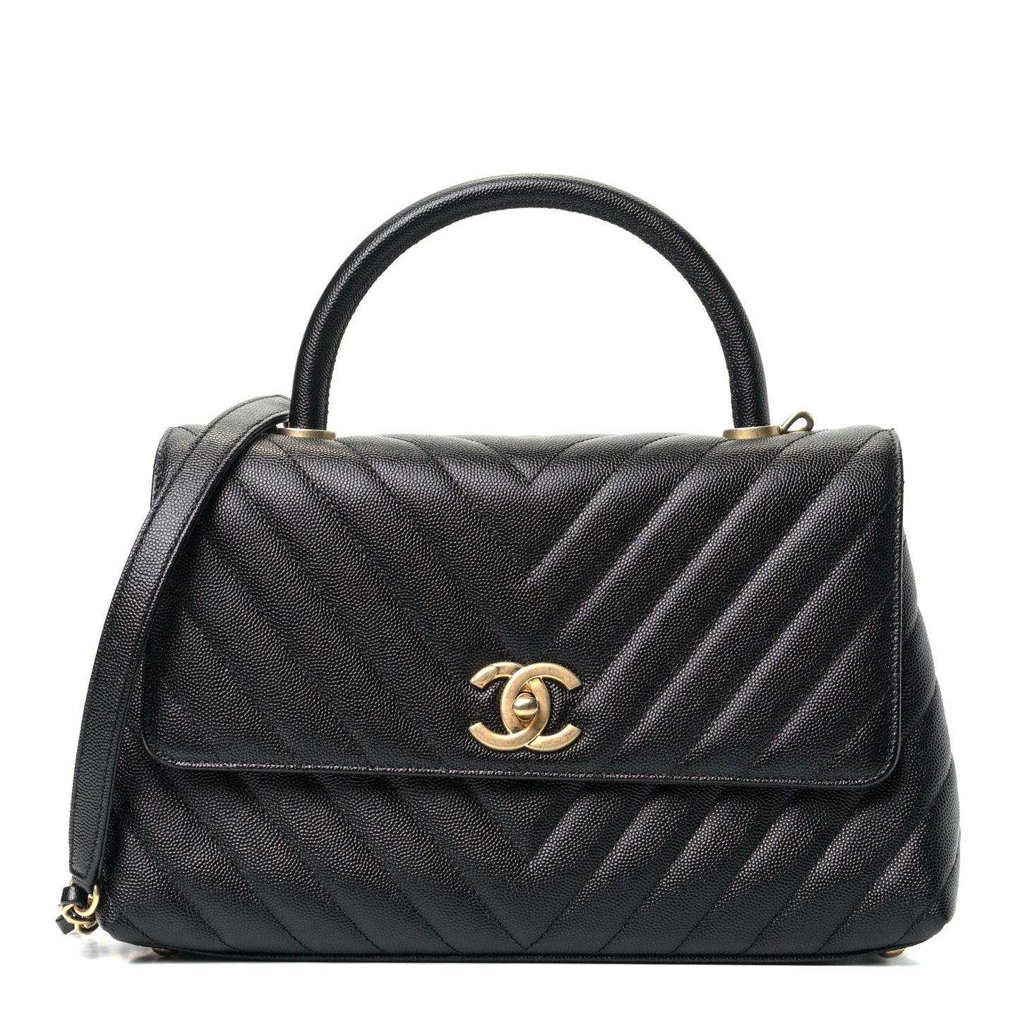 Caviar Chevron Quilted Small Coco Handle Flap Black