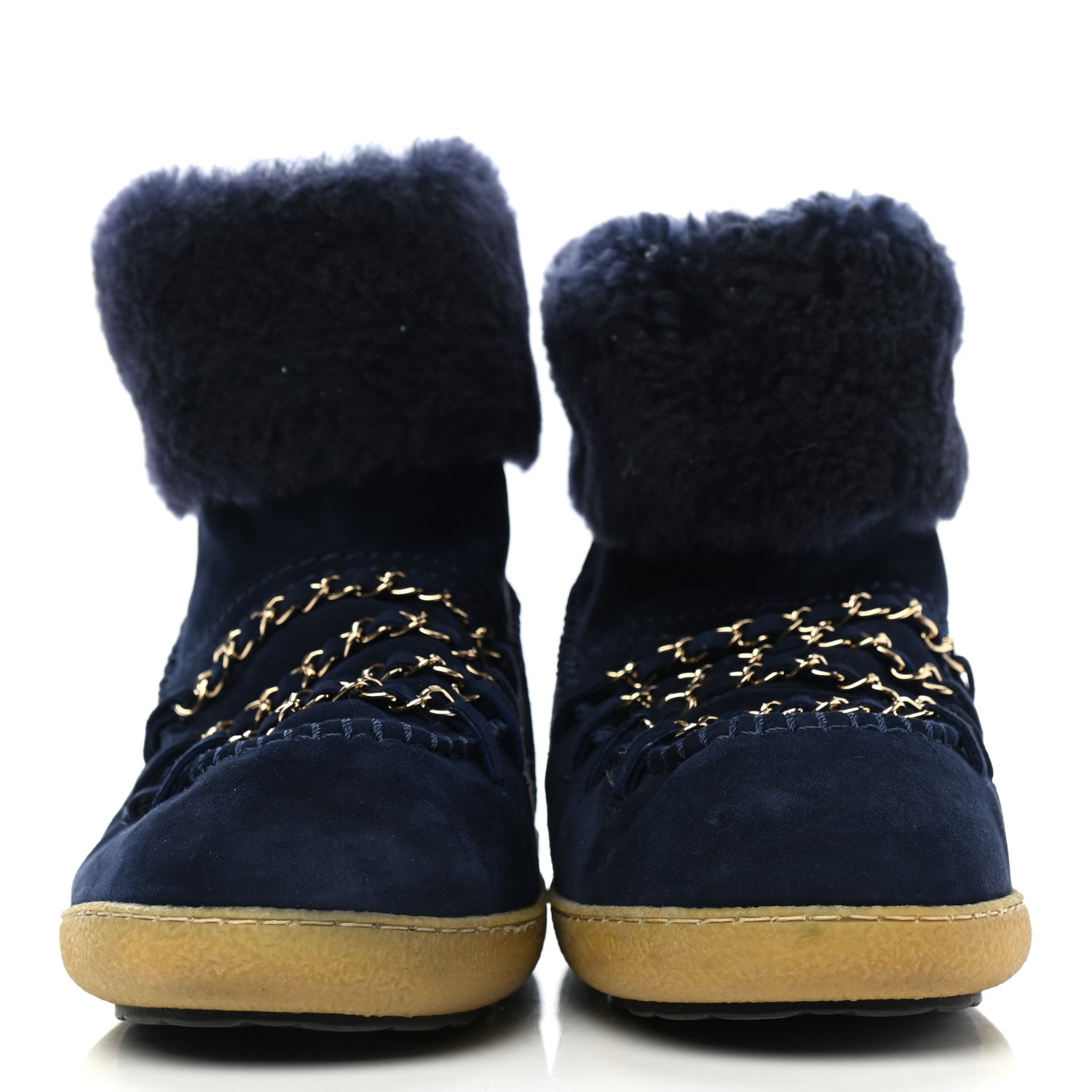 Chanel Suede Shearling Chain Link Short Boots 39.5 Navy 2 of 8