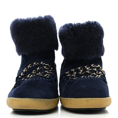Chanel Suede Shearling Chain Link Short Boots 39.5 Navy 2 of 8