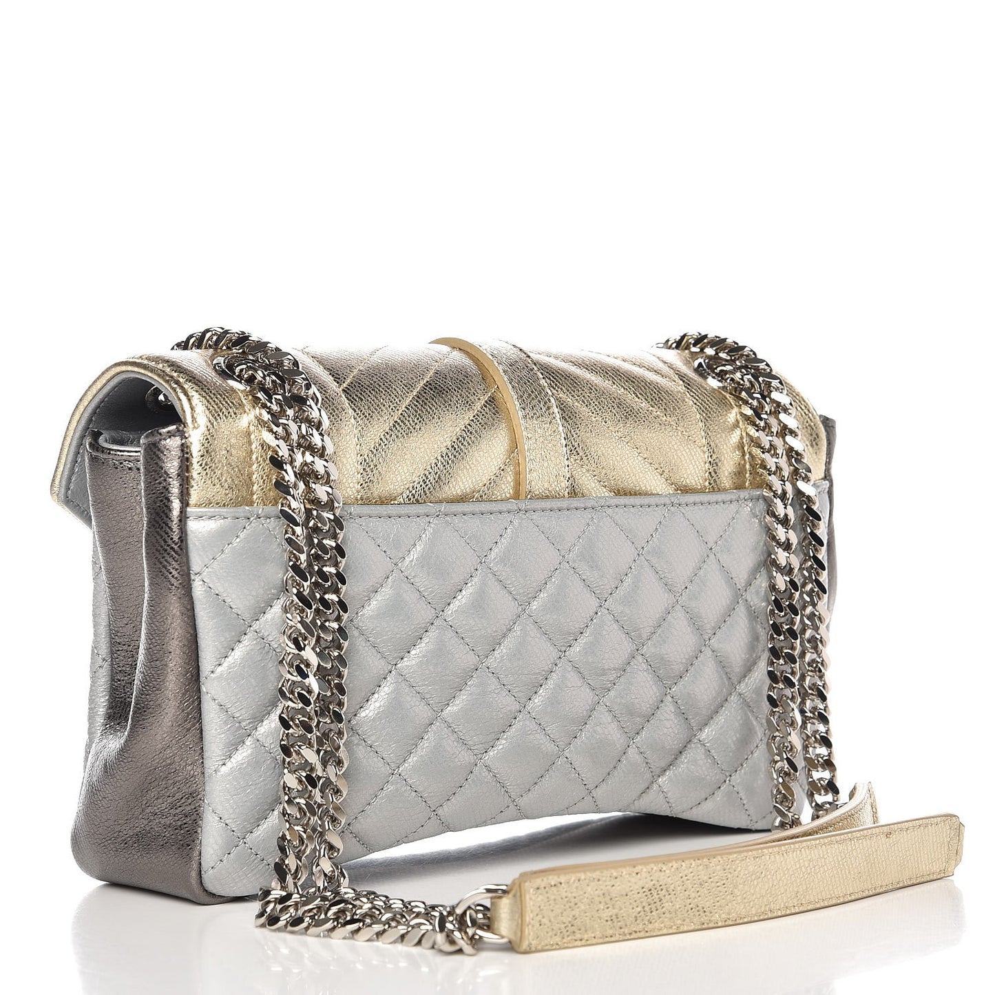 Metallic Calfskin Tri-Quilt Monogram Medium College Bag Gold Argento