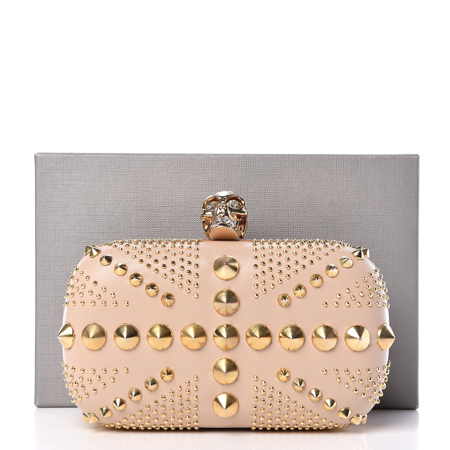 Calfskin Studded Britannia Skull Box Clutch Taupe
