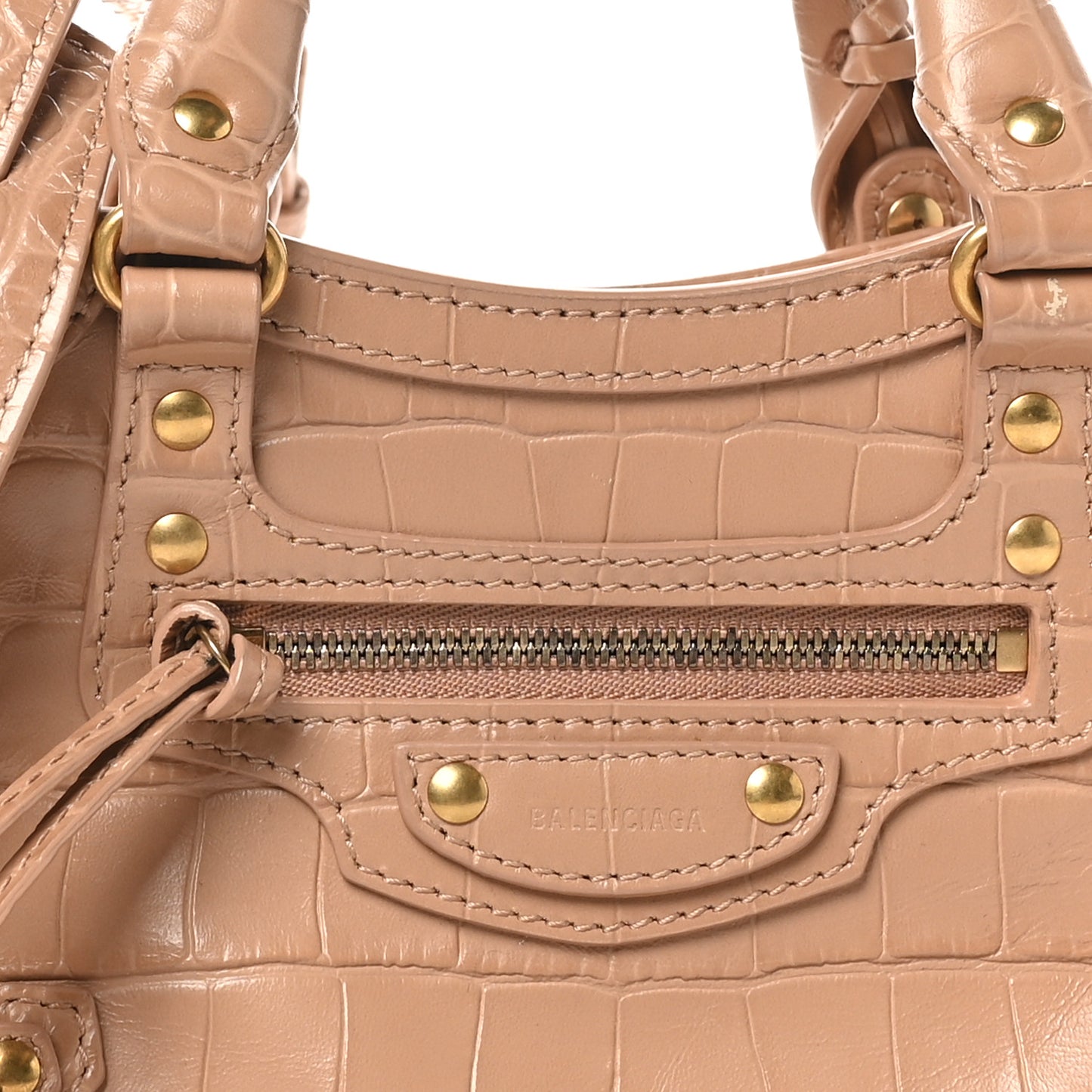 Shiny Supple Calfskin Crocodile Embossed Neo Classic Gold Hardware Mini City Nude Beige