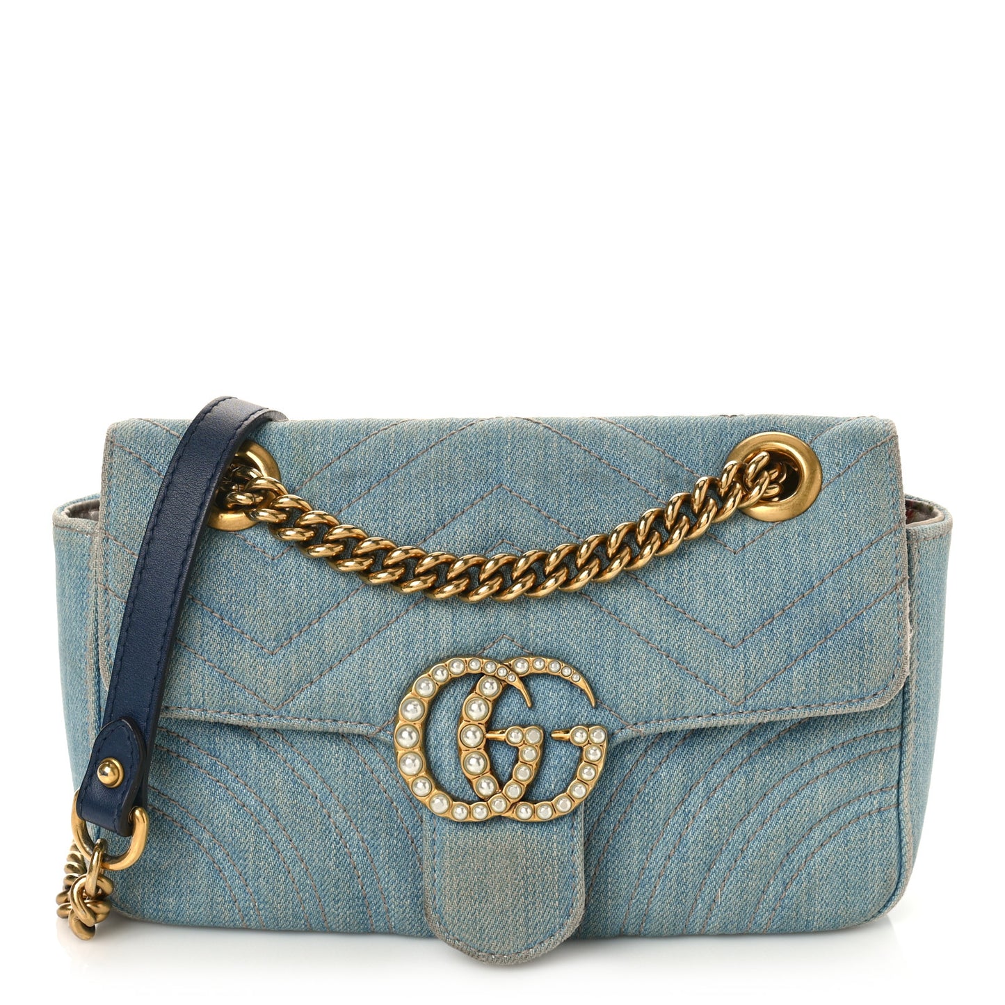Denim Matelasse Mini Pearly GG Marmont Shoulder Bag Blue