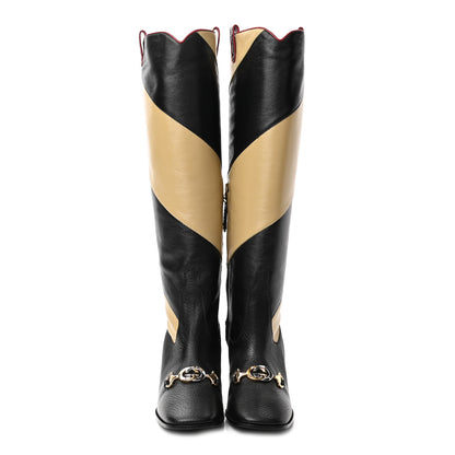 Gucci Calfskin Wrinkled Kid Diagonal Striped Zumi Knee Boots 37 Black Beige Romantic Cherry 2 of 10