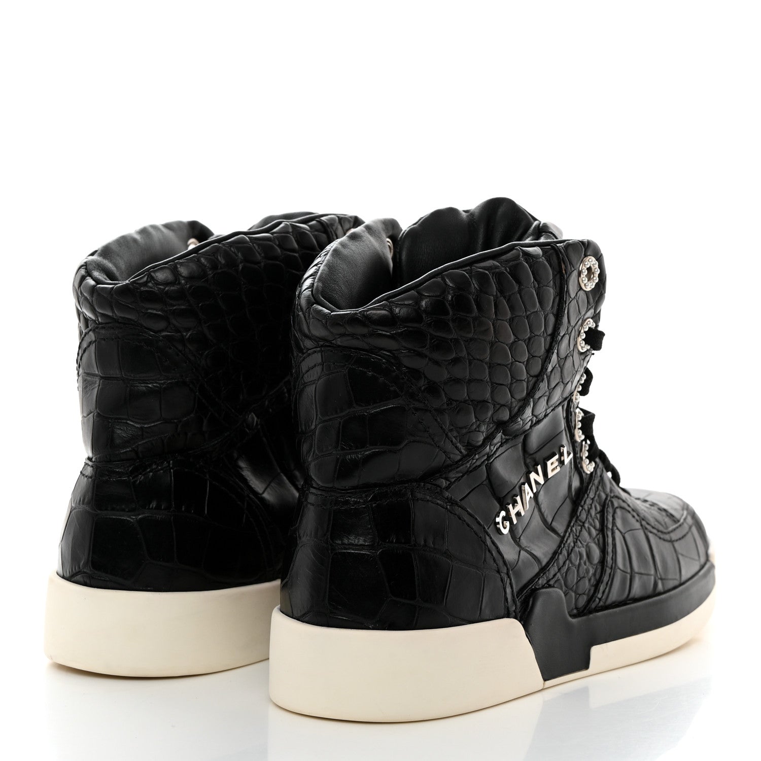 Chanel Calfskin Crocodile Embossed Cocodile High Top Sneakers 39.5 Black 4 of 8