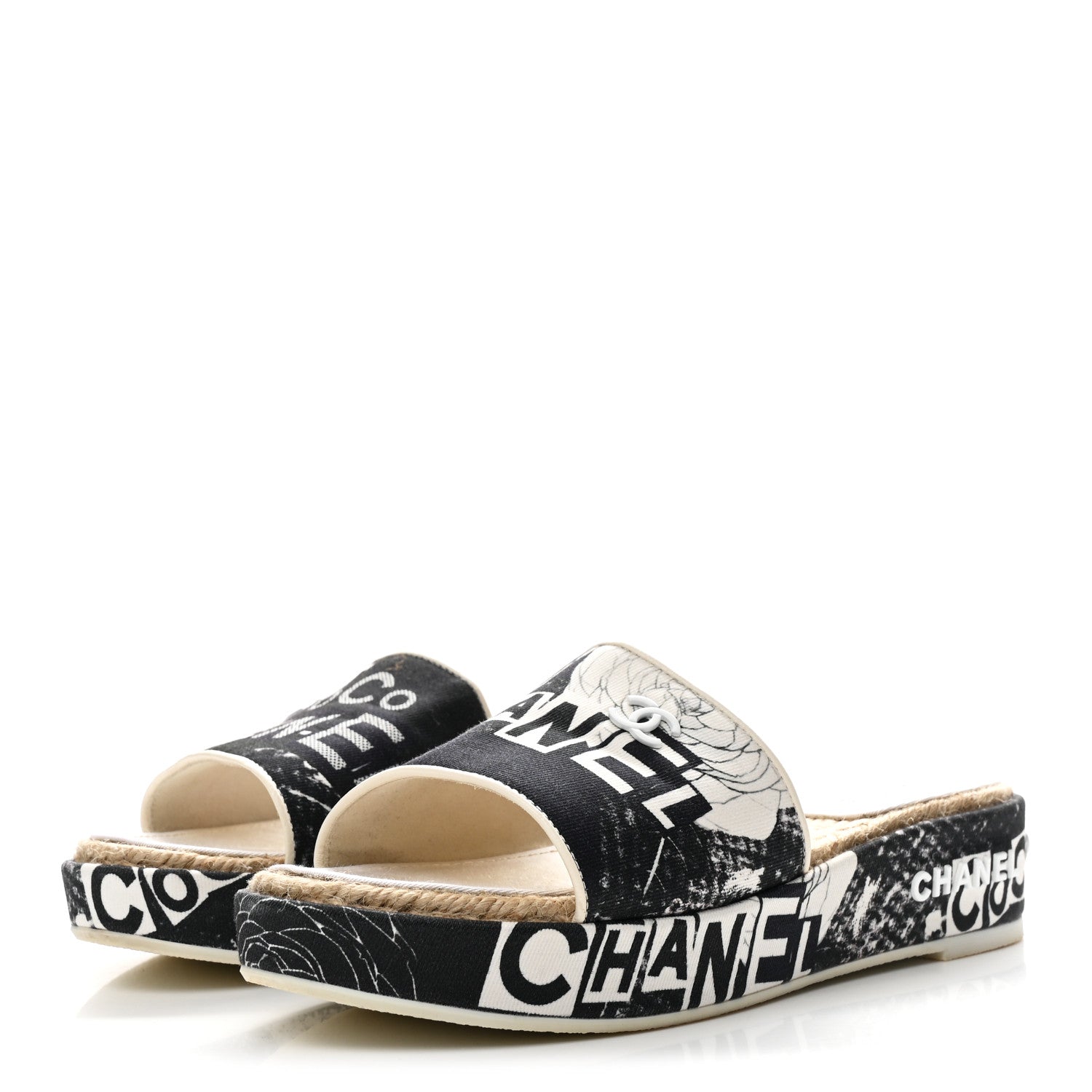 Chanel Fabric Grosgrain Printed CC Espadrille Slip On Sandals 40 Black White 4 of 10
