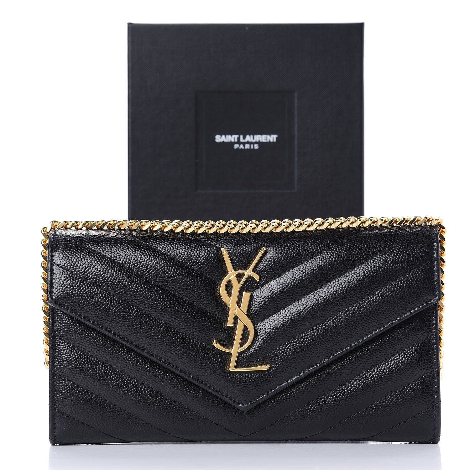 Saint Laurent Grain De Poudre Matelasse Chevron Small Monogram Chain Wallet Black 11 of 11