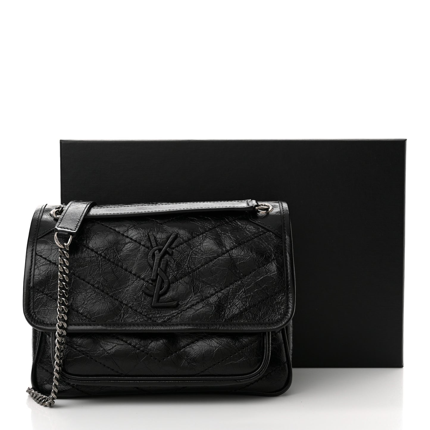 Crinkled Lambskin Matelasse Monogram Baby Niki Chain Satchel Black
